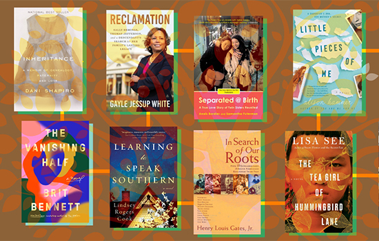Collage of books about uncovering genealogy, family tree and adoption.