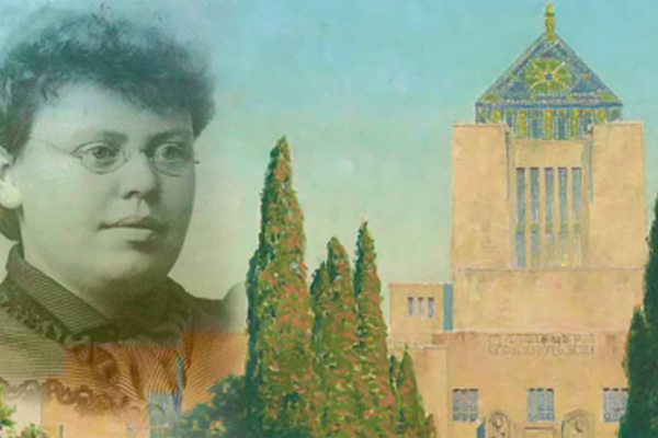 Portrait of Tessa Kelso with an illustration of Central Library's tower and tiled pyramidion.
