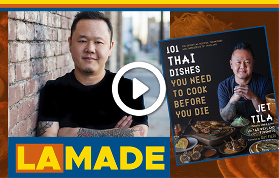  Chef Jet Tila leaning against a brick wall and his book, 101 Thai Dishes You Need To Cook Before You Die.